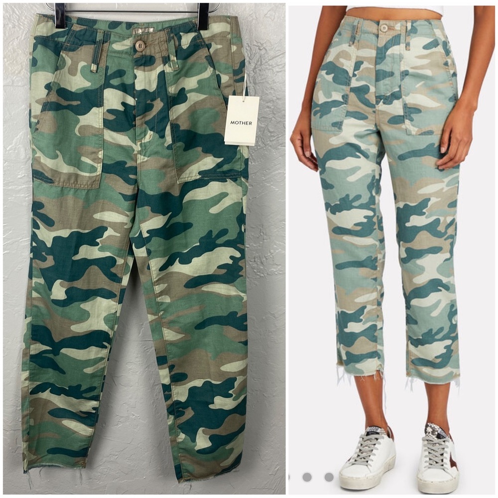 NWT Mother “Shaker Chop Crop Camo Pants” linen blend pants size 25